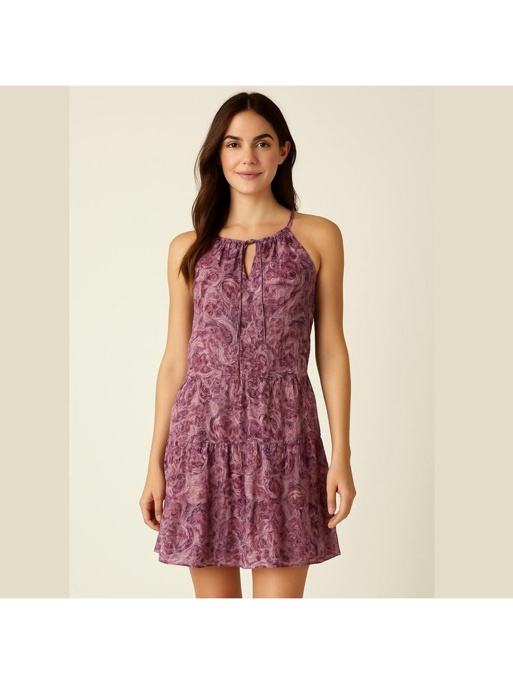 Anthropologie Drew Floral Halter Tiered Mini Dress Pink-Purple Sz M